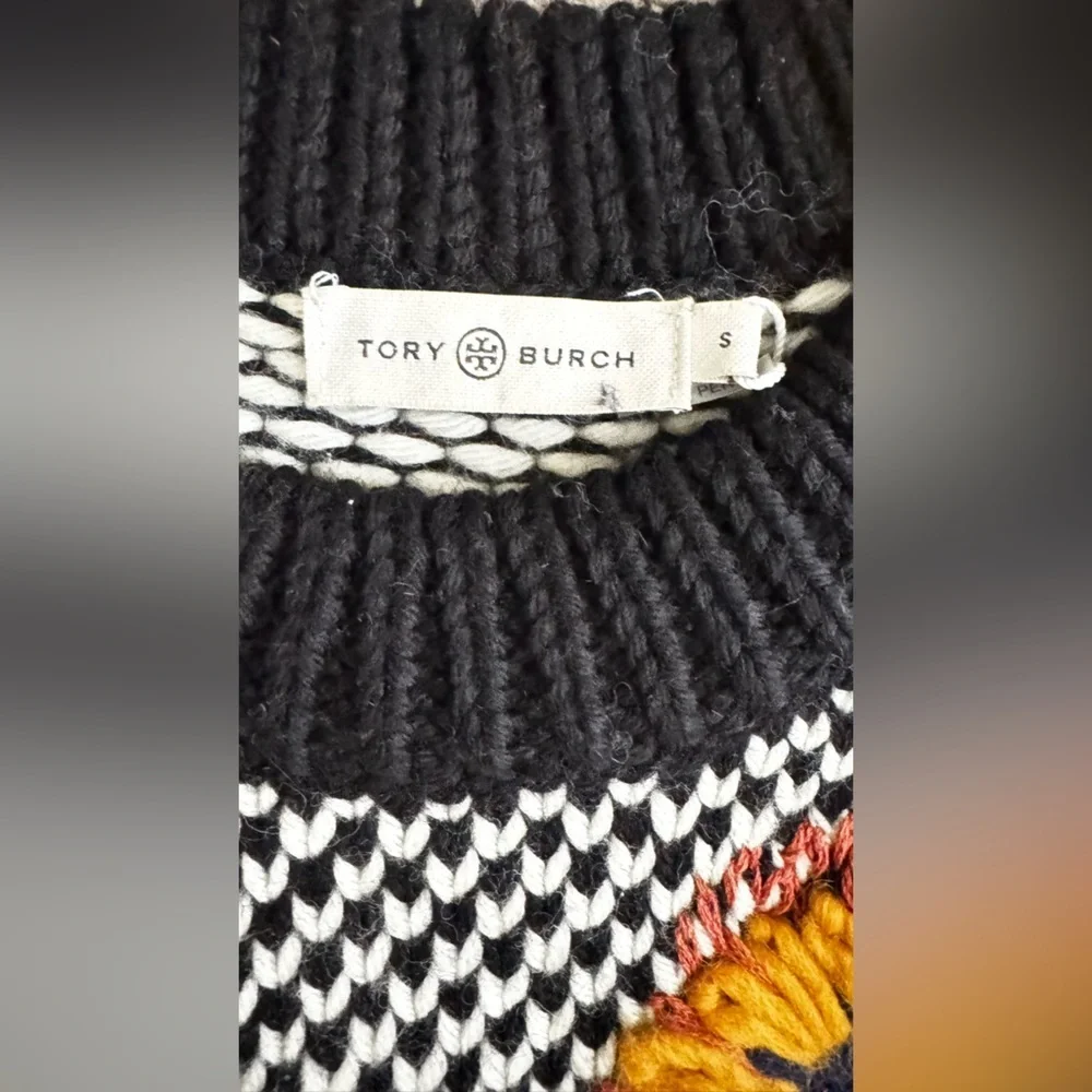 Tory Burch 100% Wool Made in Peru Black and Orange Floral Sweater S Small